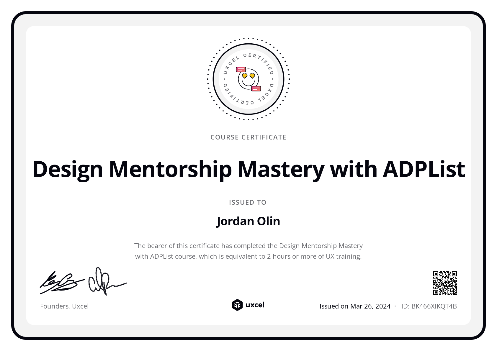 Jordan Olin's certificate